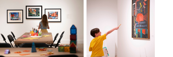 Left: young child looks at artwork. Right: young child points at a painting.