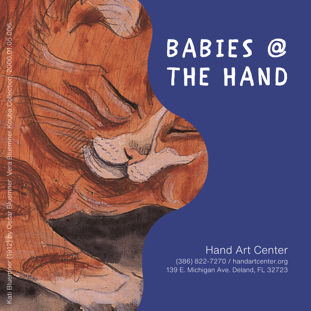 Babies at the Hand event poster, drawing of a cat, blue background