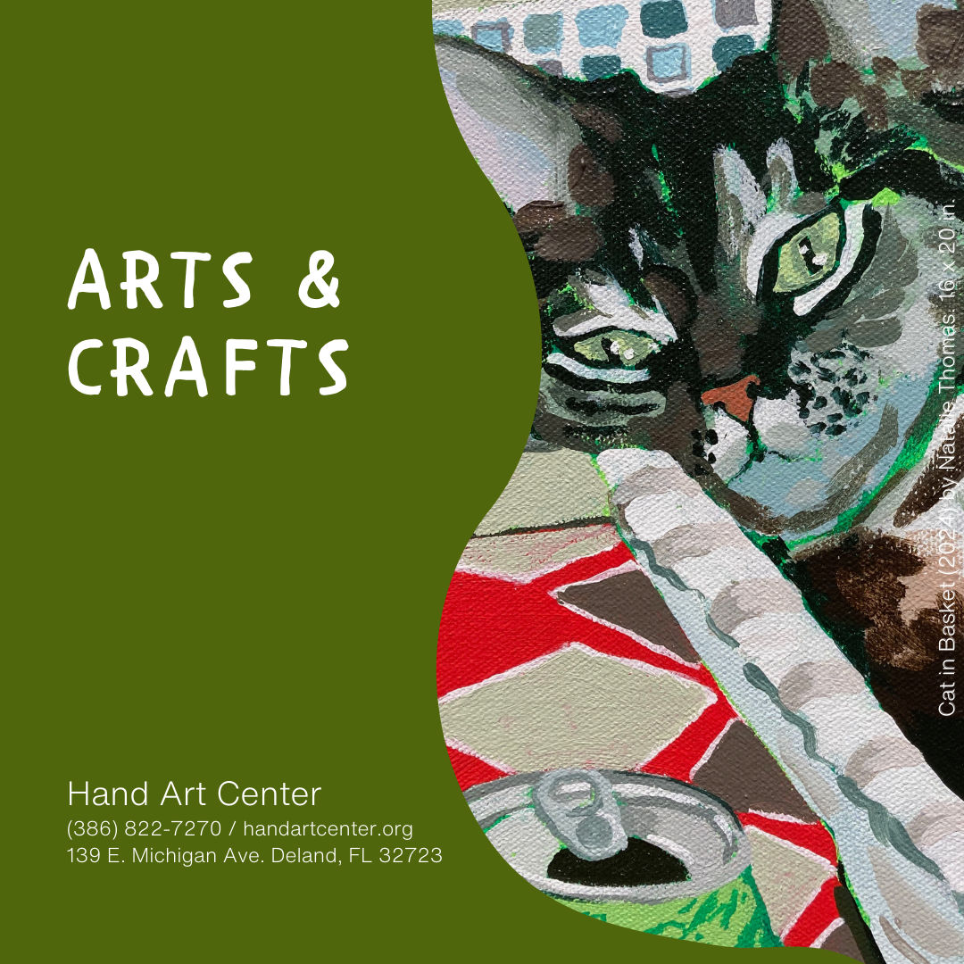 Arts & Crafts poster; green background; painting of a cat