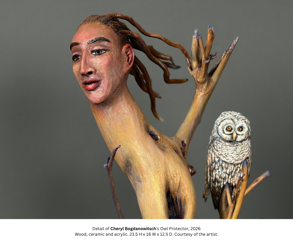 Detail of Cheryl Bogdanowitsch's Owl Protector, 2026 Wood, ceramic and acrylic. 23.5 H x 16 W x 12.5 D. Courtesy of the artist.